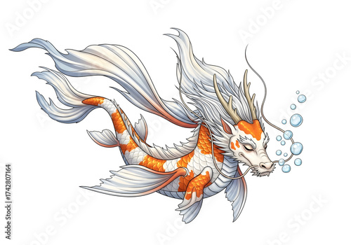 Wallpaper Mural A white and orange koi dragon with flowing fins and hair blows a stream of bubbles. The detailed illustration is set against a transparent background. Torontodigital.ca