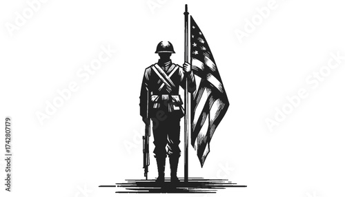 Soldier holding American flag in solemn stance representing patriotism against minimalist background