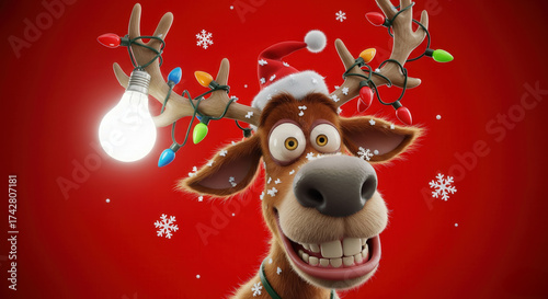 Reindeer wearing a Santa hat and tangled in colorful Christmas lights, smiling widely with snowflakes on red background