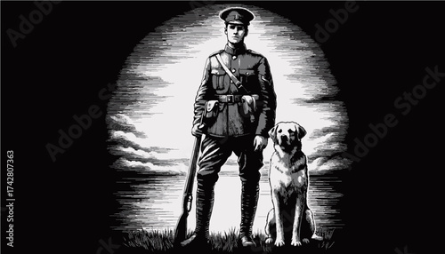 Military Officer Standing Proud with Dog Companion Under Dramatic Sky in Monochrome Style