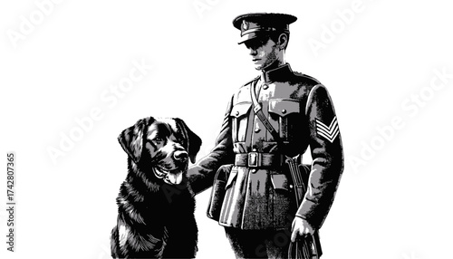  Soldier with Loyal Dog Standing Calmly Together Against Minimalist Background with Copy Space