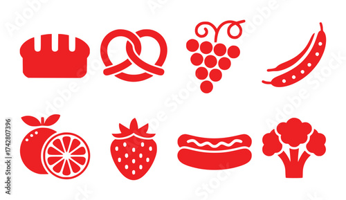 Collection of Red Food Icons Bread, Pretzel, Grapes, Peas, Orange, Strawberry, Hot Dog, Broccoli