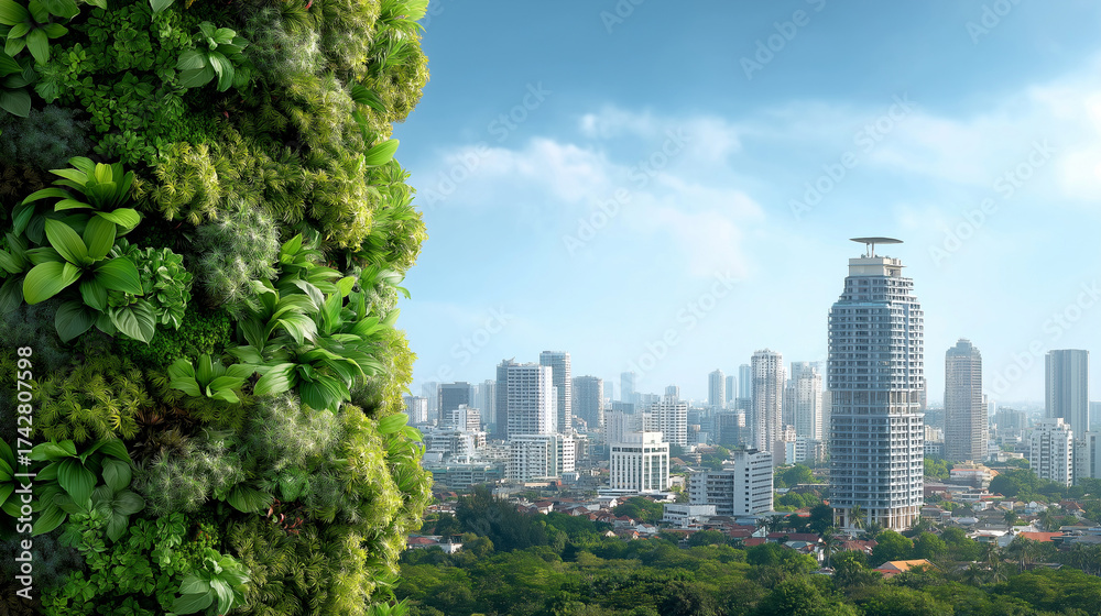 Obraz premium Green vertical wall covering a city office building, sustainable urban design, under gentle natural light, highlighting eco-friendly architecture and modern cityscape, serene urban