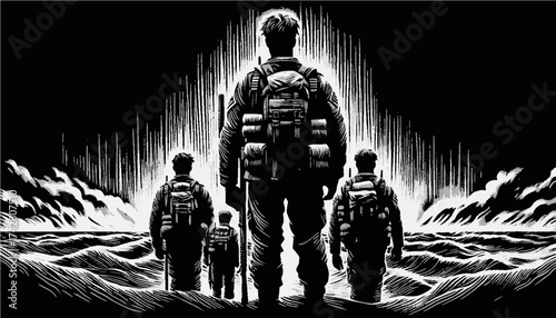 Group of soldiers walking toward horizon in monochrome engraving style symbolizing courage and unity