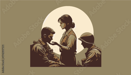 Woman comforting soldiers with tenderness symbolizing care and sacrifice against muted background