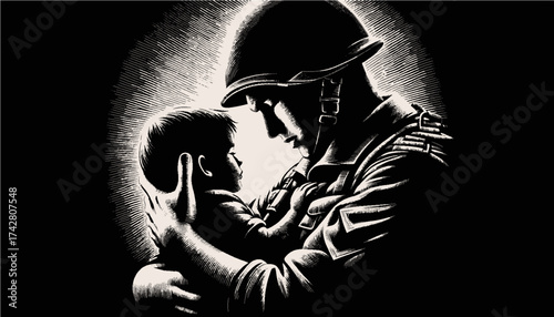 Soldier tenderly holding child in black and white engraving style representing love, protection, and sacrifice