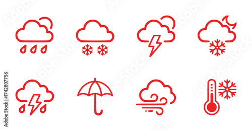Collection of Red Weather Icons on White Background