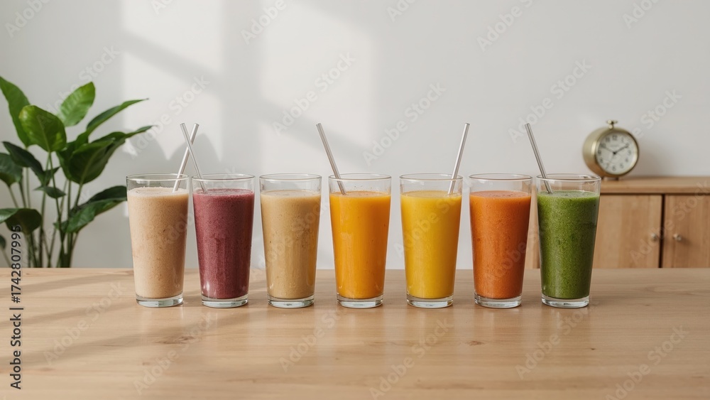 Fototapeta premium Colorful smoothies variety in glasses with metal straws on wooden table in modern minimalist kitchen interior with green plants and clock