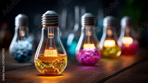 Close up, set of colorful science icons showing lab equipment and molecules, under vibrant studio light, highlighting educational tools and scientific design, serene conceptual sce