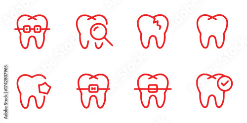 Dental Health Icons Braces, Check-up, Cracked Tooth, Healthy Tooth, Chip, and More