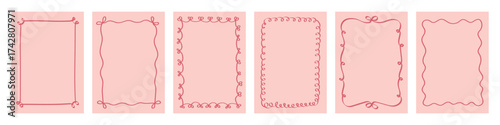 Hand drawn Christmas border frames in trendy vintage style. Whimsical red and pink line backgrounds perfect for holiday posters, invitations, and greeting cards. Minimalist festive design. Vector 