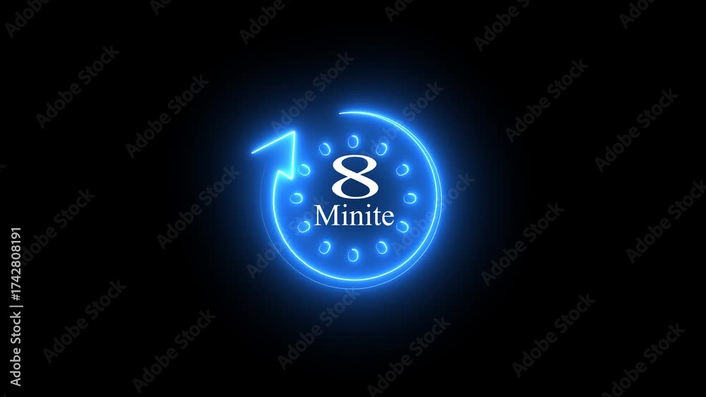 Blue Neon 8 Minute Timer Icon with Arrow and Black Background eight ...