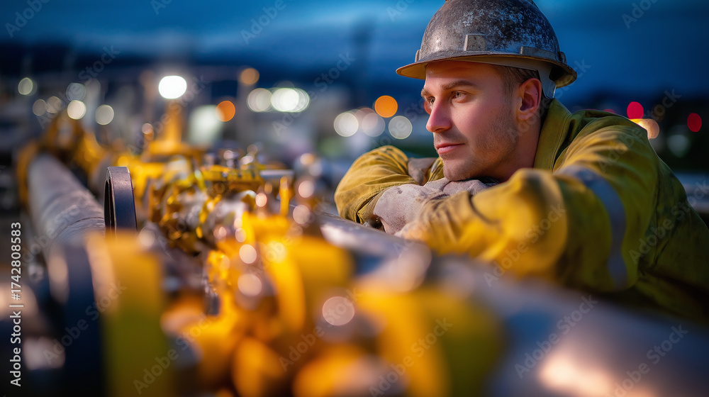 Obraz premium Industrial stock photo of worker with flashlight inspecting pipelines at night, under dramatic industrial light, highlighting intense focus and rugged setting, serene industrial sc