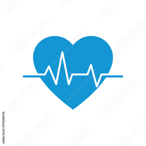 Blue heart with ekg pulse line representing health and cardiology vector silhouette on a white background