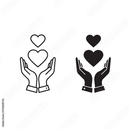 Open hands holding hearts icons symbolizing love care compassion and support outlined and solid versions vector silhouette on a white background