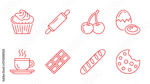 Red Line Art Icons of Baked Goods and Drinks