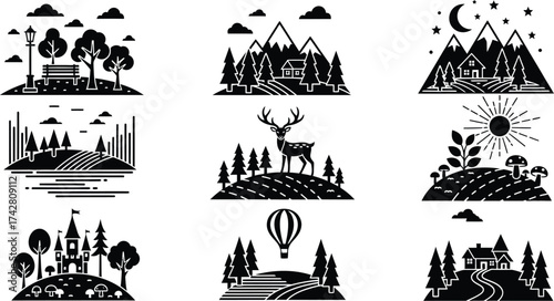Vector landscape illustrations nature scenes forest mountains park deer editable vector