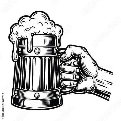 Vector art of hand holding a frothy beer mug