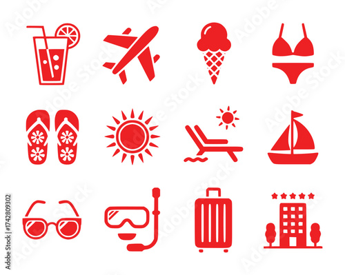 Red Vacation and Travel Icons Set