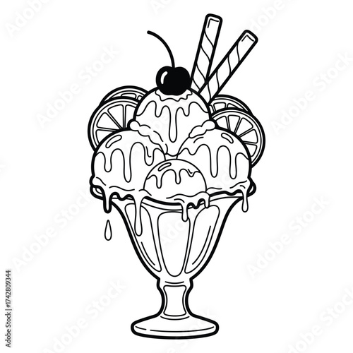 Vector art of ice cream sundae with cherry and wafer cookies