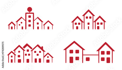 Simple Red House Icons Representing Neighborhoods and Architecture