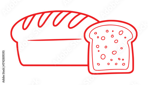 Simple Red Line Art of a Loaf of Bread and a Slice