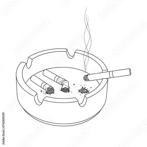 Vector art of ashtray with burning and extinguished cigarettes