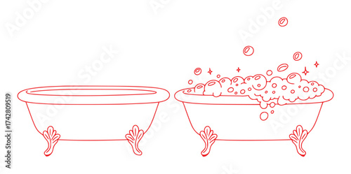 Two Bathtubs One Empty, One Overflowing with Bubbles and Sparkles