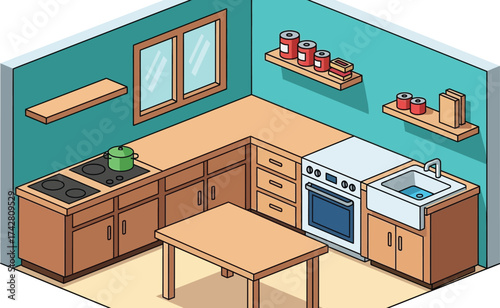 Isometric kitchen design illustration with table and accessories editable vector