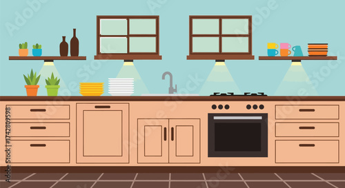 Modern kitchen interior design with cabinets shelves and appliances editable vector