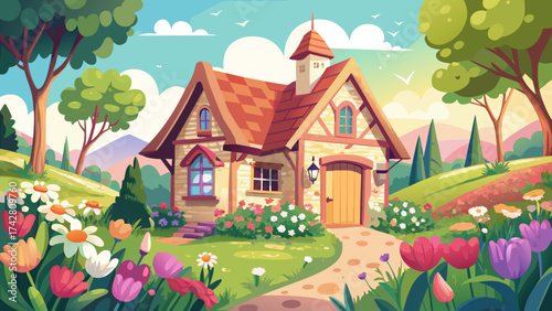Very beautiful French cottage surrounded by blooming tulips and daisies, pastel tones, cartoon-like vector style, fresh spring vibes, isolated on white background, perfect for romantic countryside 