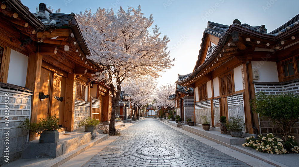 Fototapeta premium Traditional Korean hanok village with tiled roofs and cherry blossoms, warm natural light, under gentle natural light, highlighting traditional architecture and floral beauty, sere