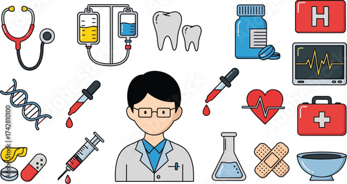 Medical healthcare doctor illustration with health and science icons editable vector