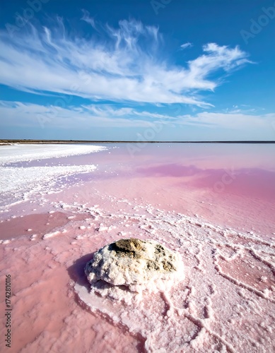 Panoramic view of a stunning pink lake under a vibrant blue sky