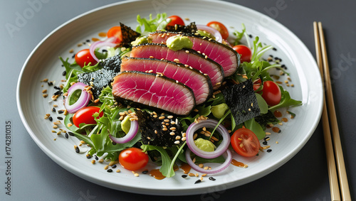 seared ahi tuna tataki salad on a white ceramic plate, with thinly sliced rare tuna coated in a crispy sesame seed crust