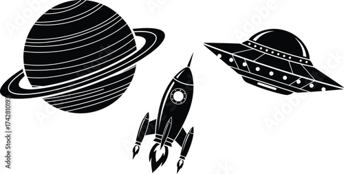 Outer space vector graphics of planet rocket and flying saucer art editable vector