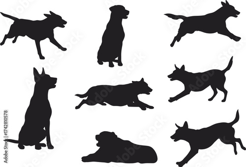 Dog silhouette vector, running dog illustration, sitting canine artwork, lying pet design, black dog posture, domestic animal shape, playful dog graphic art