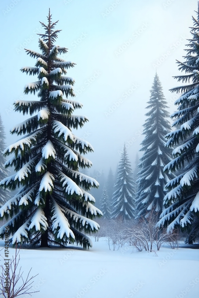 Fototapeta premium Snow-dusted pine trees stand tall amidst a serene winter landscape, set against a soft, gradient blue sky
