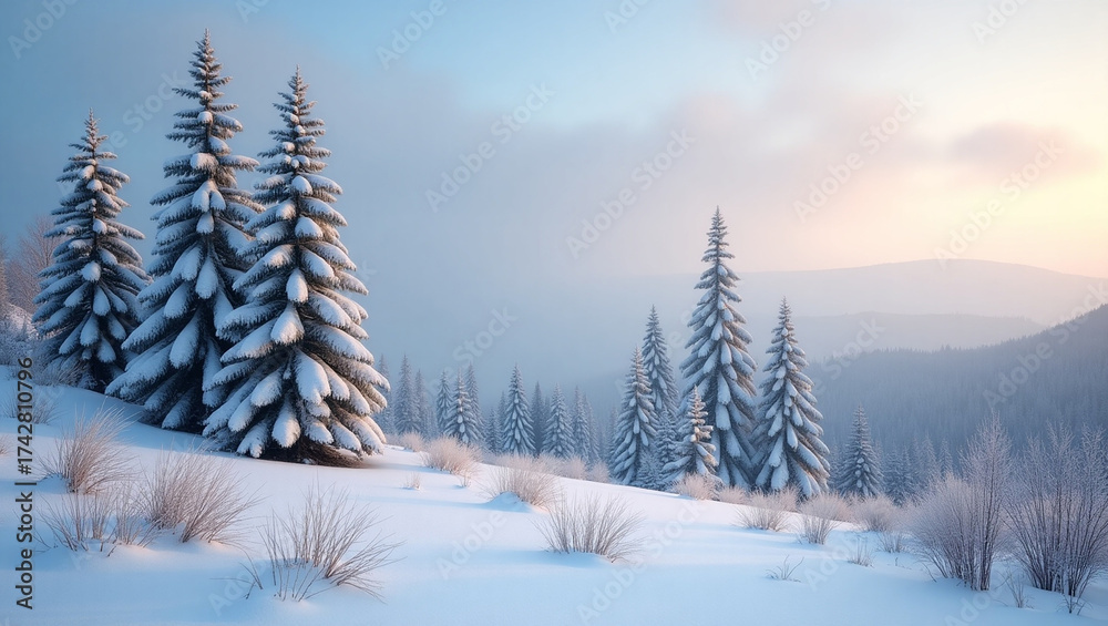 Obraz premium Snow-dusted pine trees stand tall amidst a serene winter landscape, set against a soft, gradient blue sky