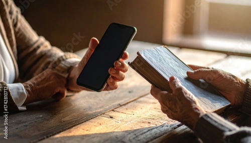 Elderly hands comparing a phone  book with reading concept.