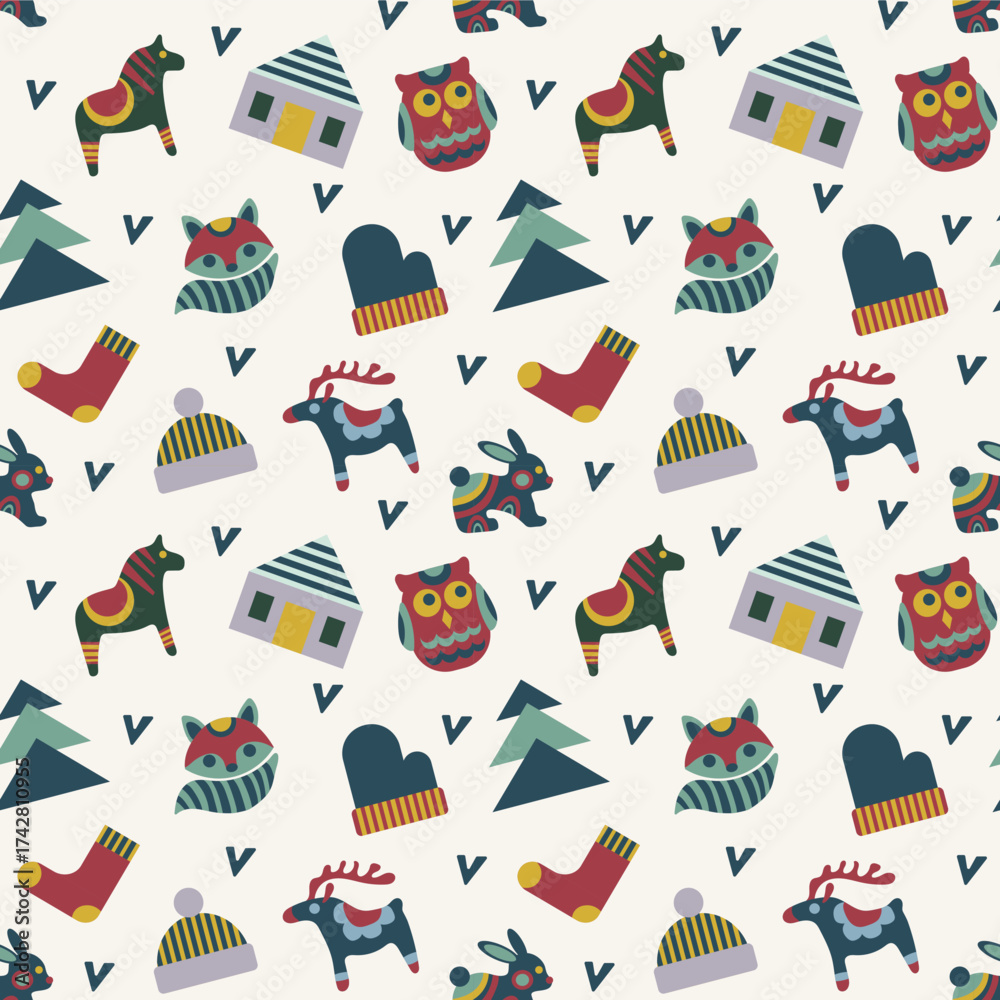 Fototapeta premium A cozy Scandinavian pattern with various winter and forest symbols and geometric elements. A New Year's design for wrapping paper, seasonal banners and flyers, fabrics, and textiles.