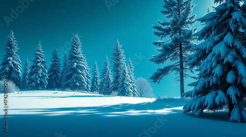 Snow-dusted pine trees stand tall amidst a serene winter landscape, set against a soft, gradient blue sky