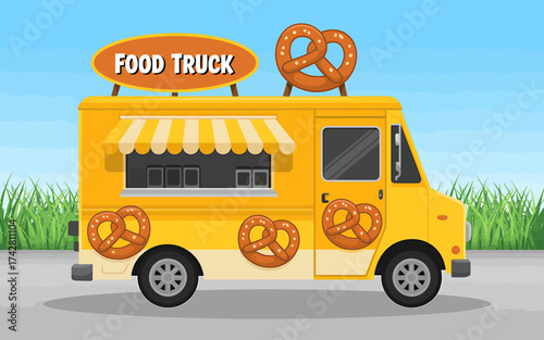 Vector art of yellow food truck with pretzel on top in a park background