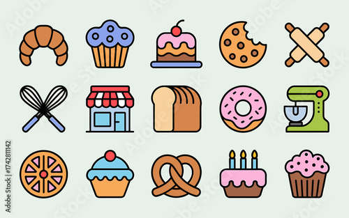 Vector art of bakery and pastry icons set, sweet food and dessert