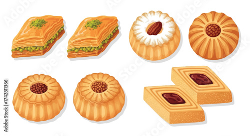 Exquisite collection of sweet baked goods, featuring various traditional pastries like baklava and delicate date or nut-filled cookies, ideal for celebrations