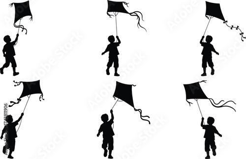 Silhouette of happy boys flying kites in the sky, outdoor fun, summer activity, freedom, childhood joy, and festival celebration illustration
