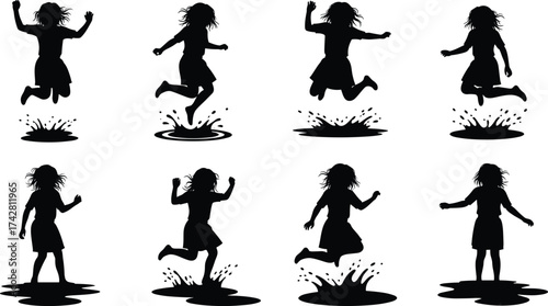Silhouette of happy little girl jumping and playing in water puddles, joyful childhood moment, outdoor fun, freedom and happiness illustration