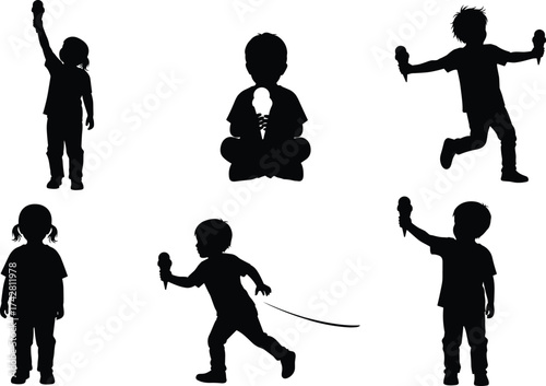Silhouette of happy children holding ice cream, kids eating and playing outdoors, summer fun activity, childhood joy and leisure concept