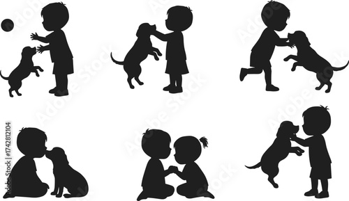 Silhouette of kids playing with dogs, friendship, love, child and pet interaction, cute animal moments, childhood bond, family affection illustration