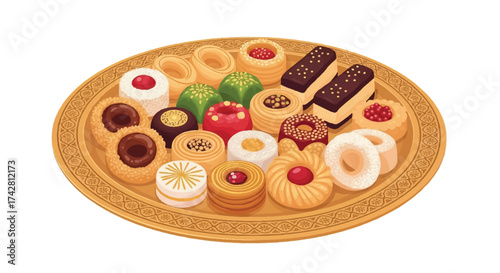 A delightful assortment of sweet pastries and traditional cookies on a decorative platter, perfect for celebrations and tea time